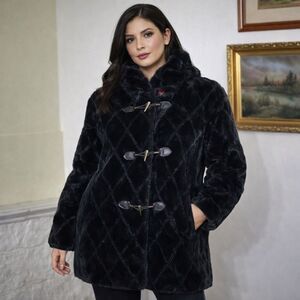 Hooded Black Textured Faux Fur Classic Duffle Coat
